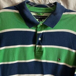 Tommy Hilfiger Men's Green and Blue Striped Polo Shirt